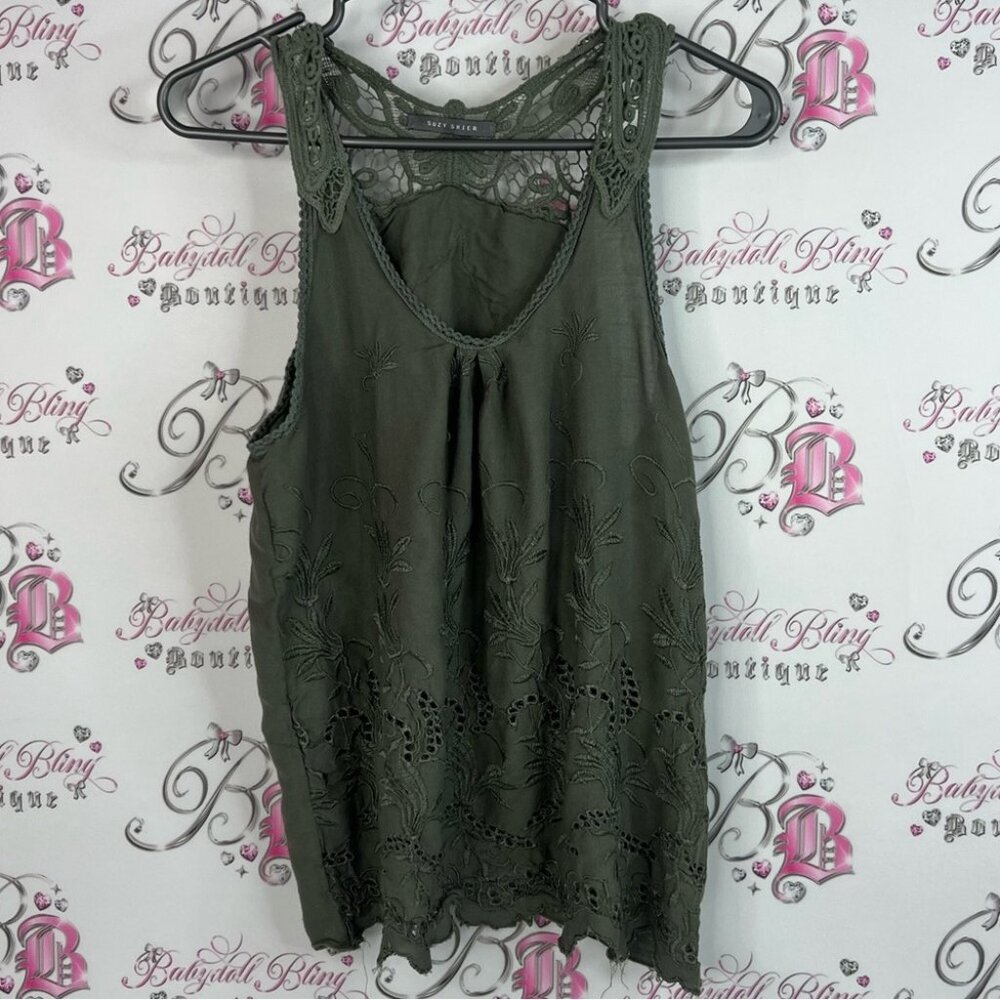 Suzy Shier tank top embroidered floral crochet knit detail Olive Lace Tank Top